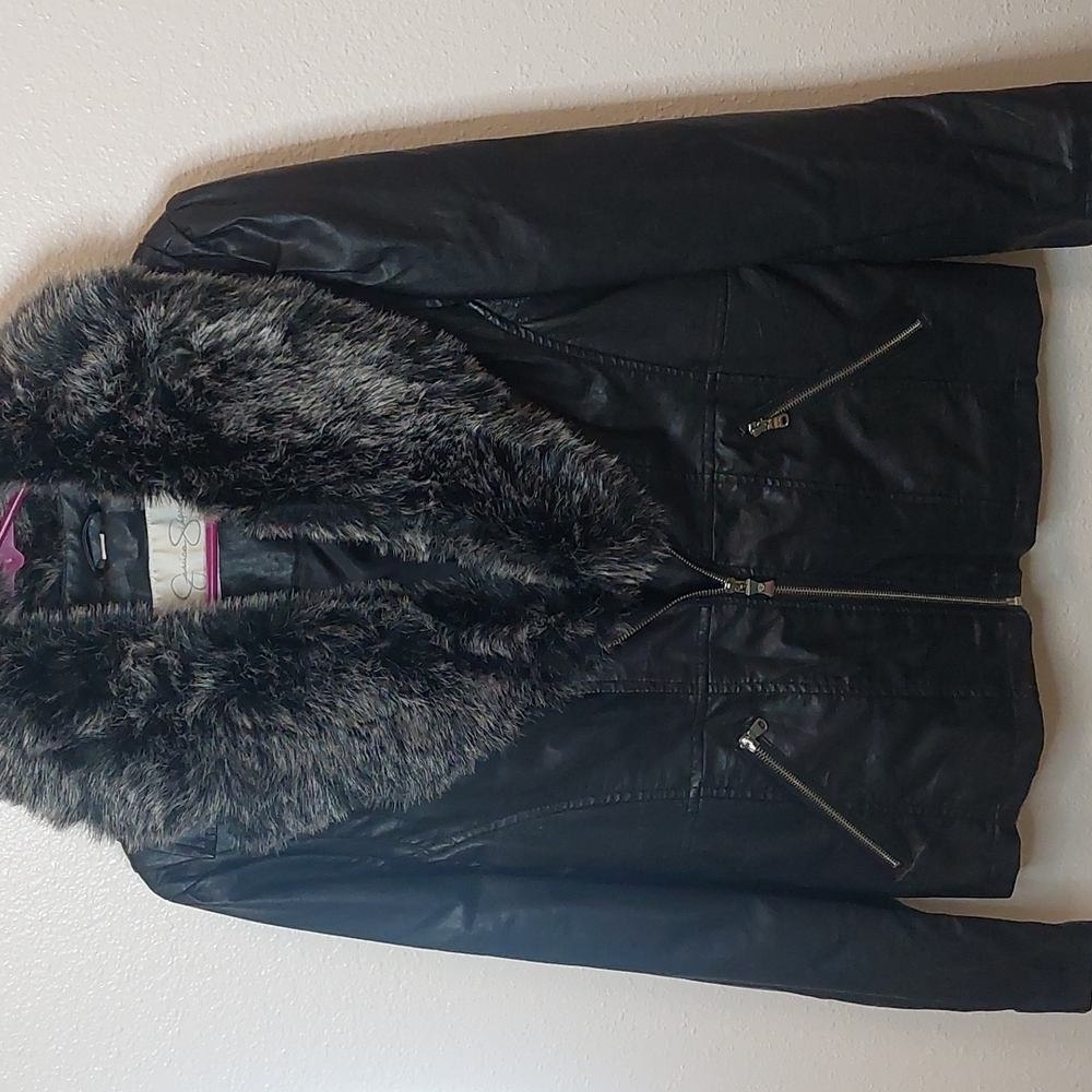 Jessica Simpson Leather Trendy Biker Jacket Black Women's Large